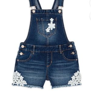 Jordache Dark Enzyme Wash Floral Crochet Denim Shortall Overall Shorts
